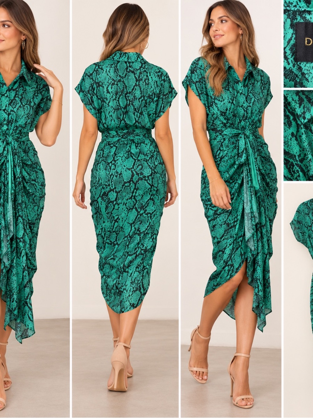 Green Snake Print Tie-Waist Dress - DO- BE